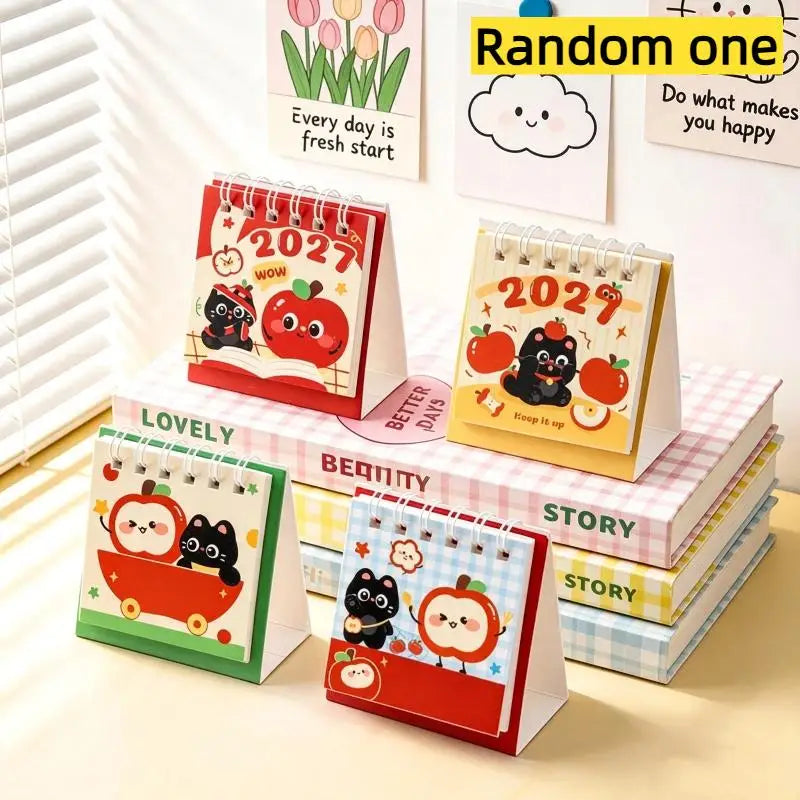 0155 2027 Mini Desk Calendar - Cute Black Cat & Apple Palm Size 7cm Desktop Calendar | 2027 Kawaii Mini Calendar