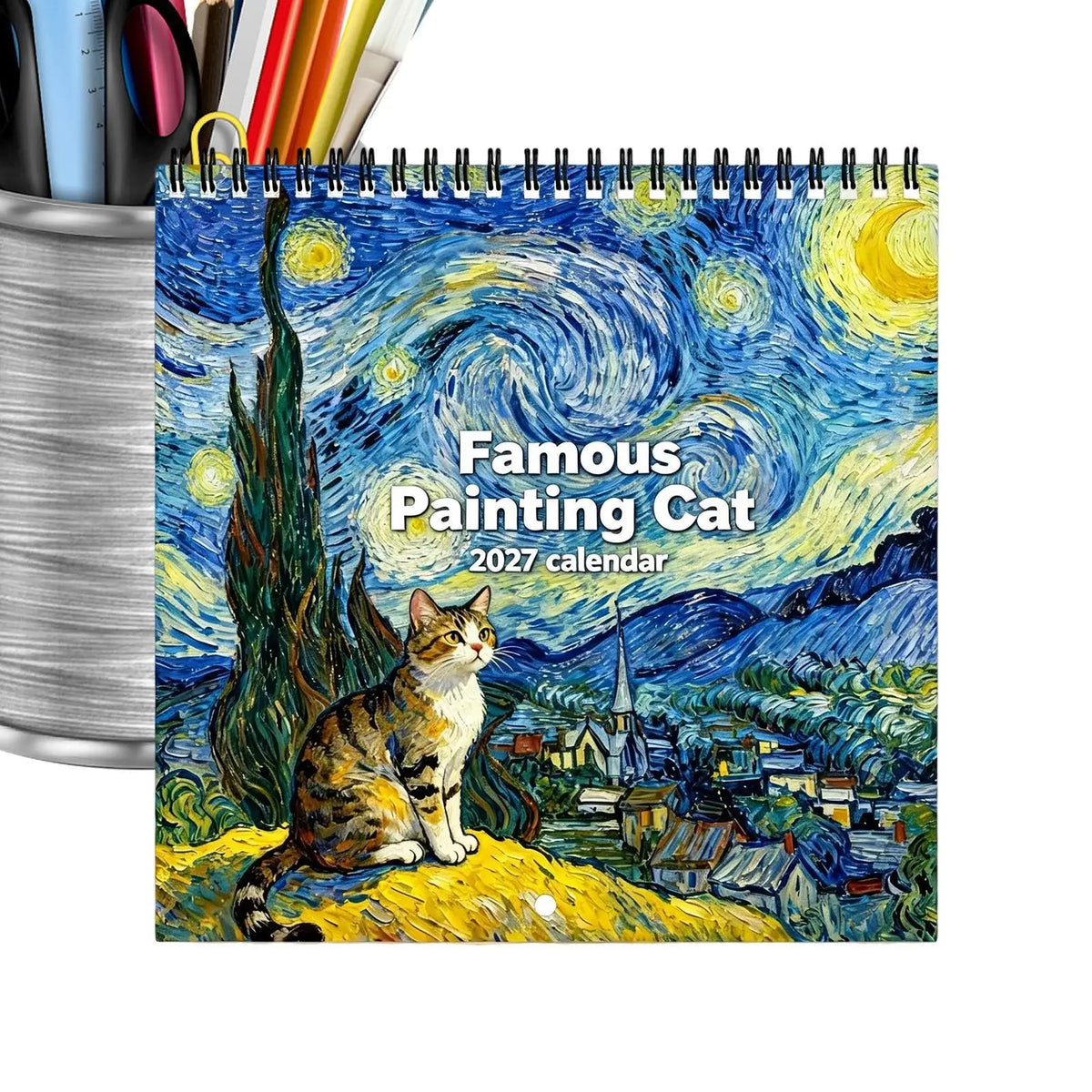 0144 Famous Painting Cat Calendar 2027 - Van Gogh Starry Night Cat Wall Calendar 21x21cm | 12 Months Art Cats