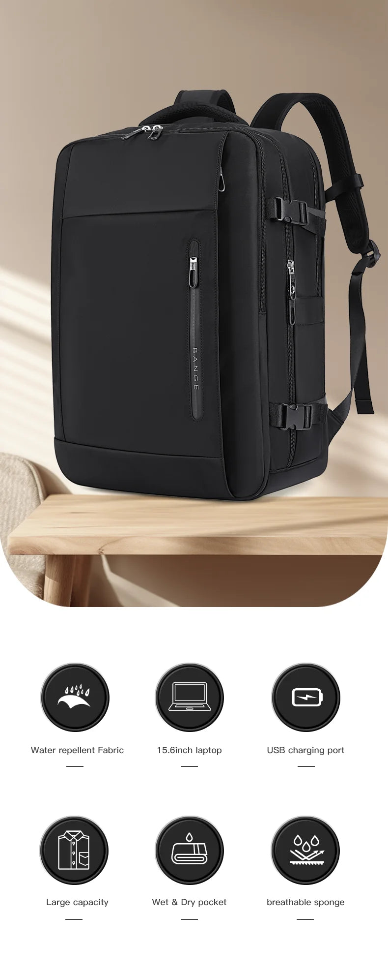 0018 BANGE Laptop Backpack – Waterproof 15.6 Inch Bag with USB Charging, Business & Travel