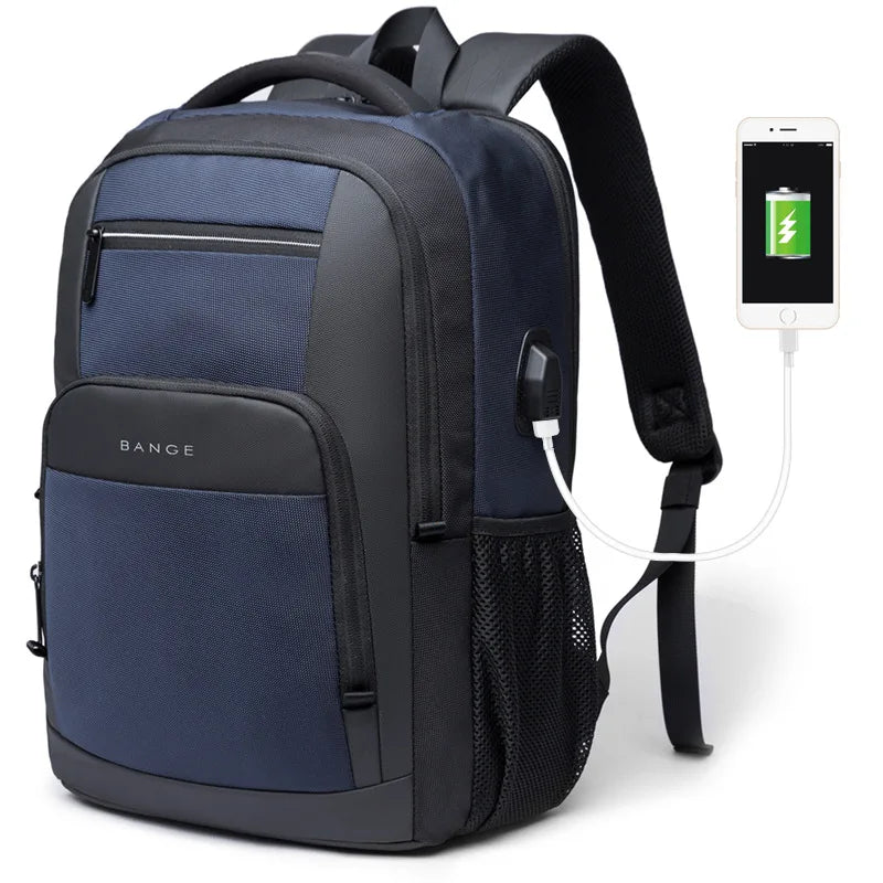0055 BANGE Waterproof Backpack – 15.6 Inch Laptop Bag with USB Charging, Travel & School Rucksack for Men & Women
