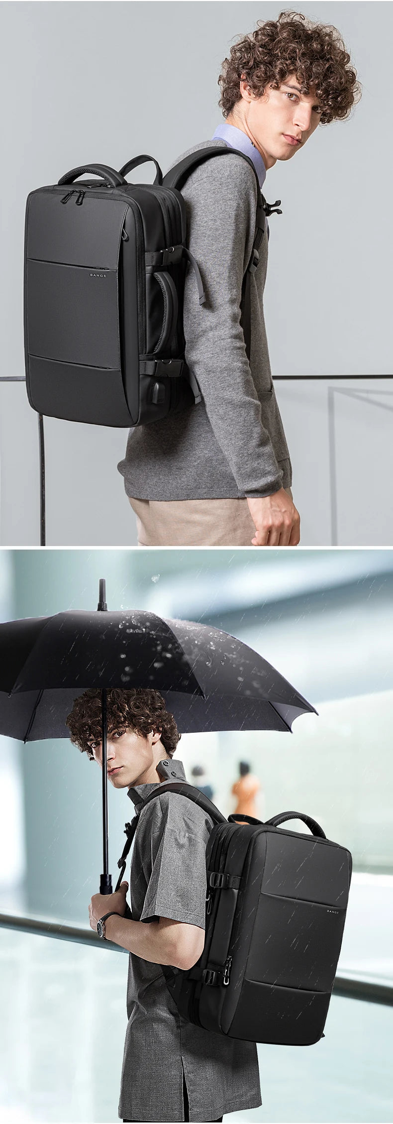 0015 BANGE Expandable Backpack – Waterproof 17 Inch Laptop Bag for Men, Travel & Work