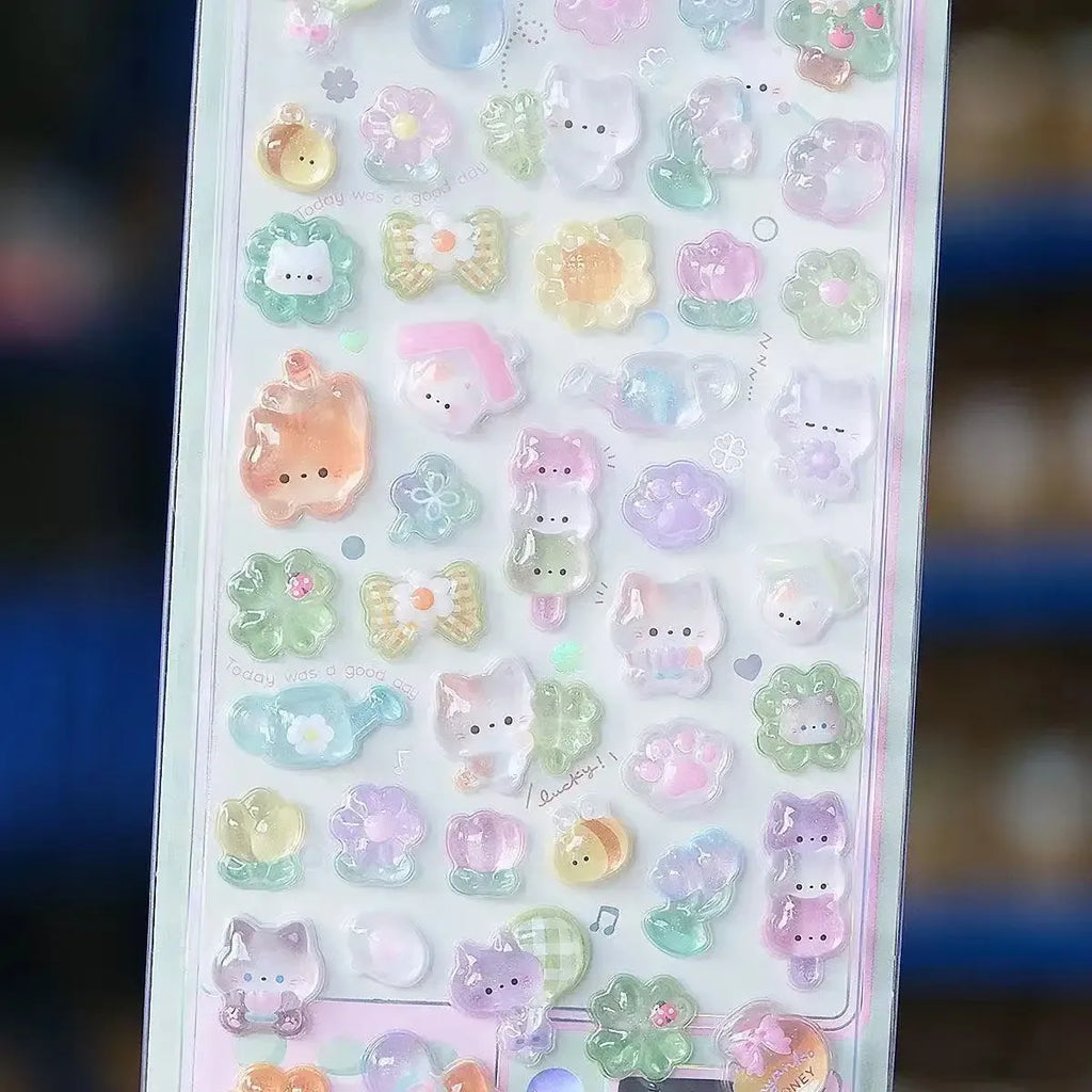 0119 Kawaii 3D Jelly Resin Stickers – Cute Cartoon Sparkle Transparent Decals for Scrapbooking, Phone Case, Laptop & DIY Decoration