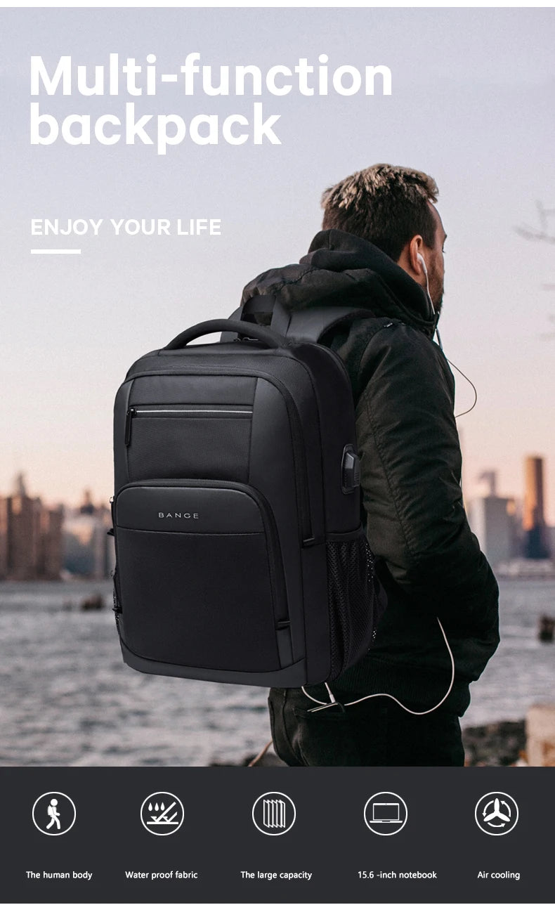 0055 BANGE Waterproof Backpack – 15.6 Inch Laptop Bag with USB Charging, Travel & School Rucksack for Men & Women