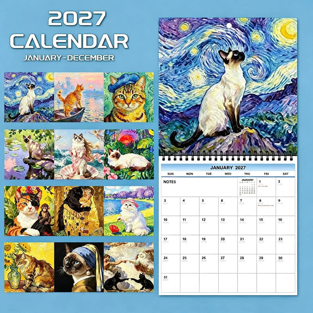 0144 Famous Painting Cat Calendar 2027 - Van Gogh Starry Night Cat Wall Calendar 21x21cm | 12 Months Art Cats