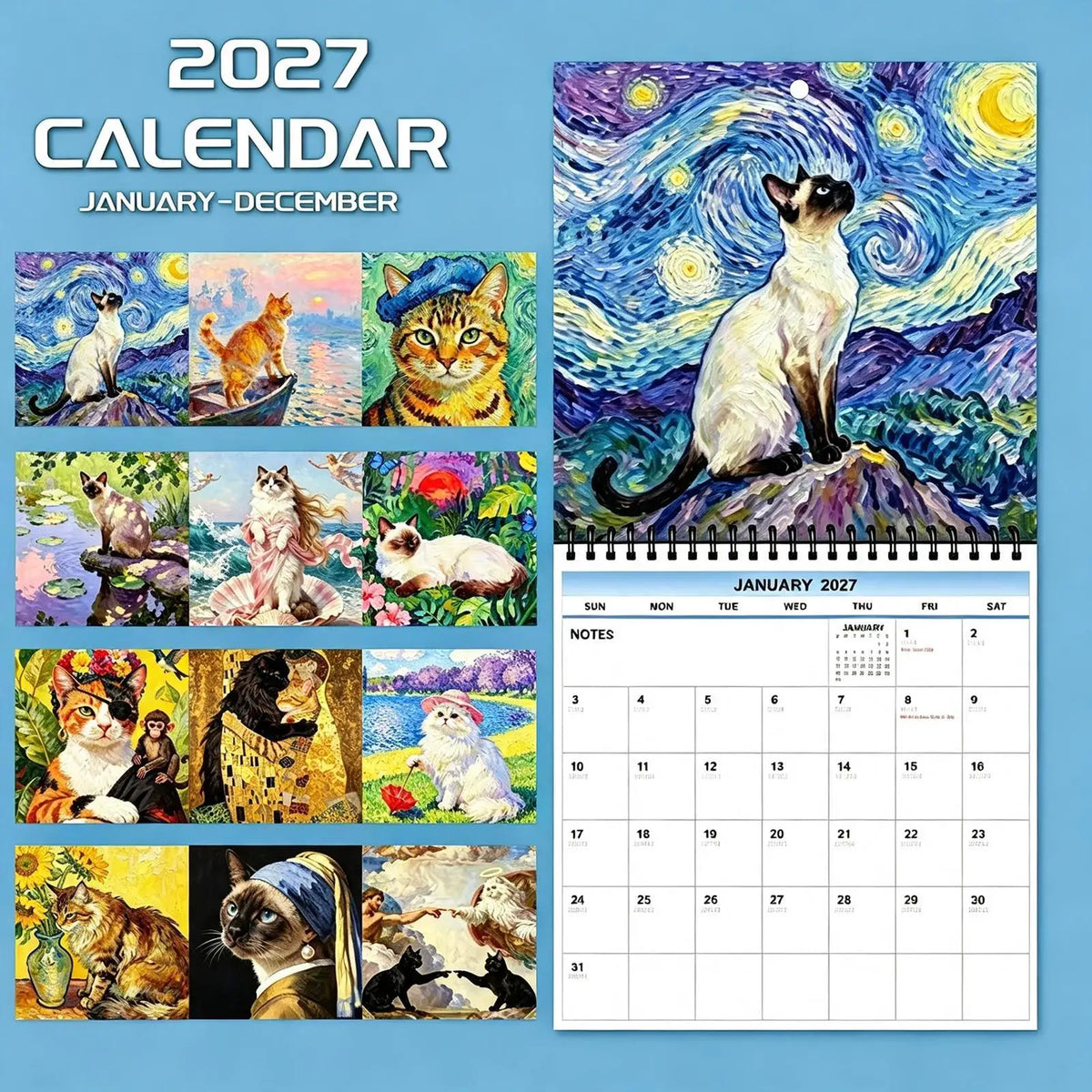 0144 Famous Painting Cat Calendar 2027 - Van Gogh Starry Night Cat Wall Calendar 21x21cm | 12 Months Art Cats