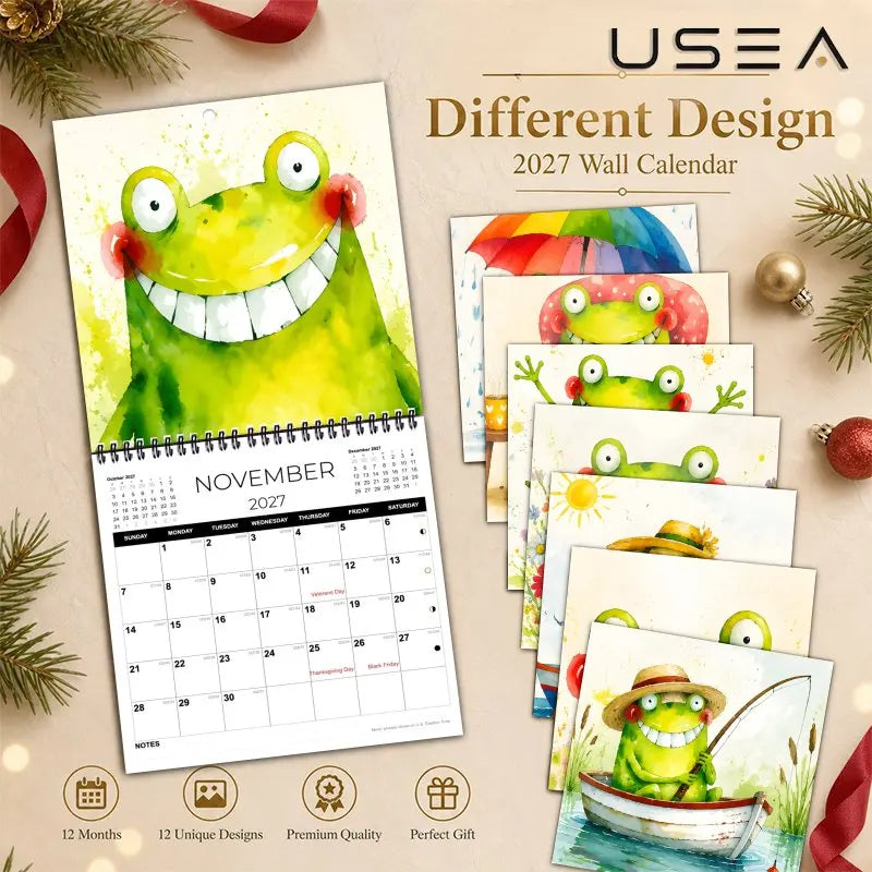 0156 Happy Frog 2027 Wall Calendar - Funny Frog Wall Calendar 21x21cm | 12 Months 12 Unique Designs Premium Matte Paper