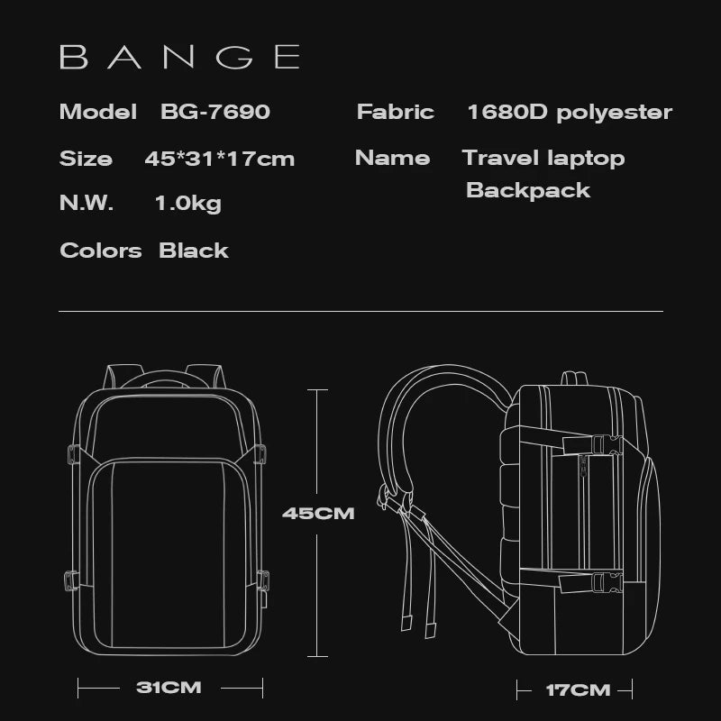 0010 BANGE Travel Backpack – Waterproof 15.6 Inch Laptop Bag with USB Charging, Large Capacity for Men