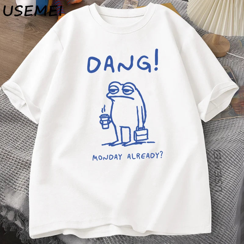 0076 Dang Monday Already Frog T‑Shirt – Funny Cottagecore Men’s Cotton Short Sleeve Tee
