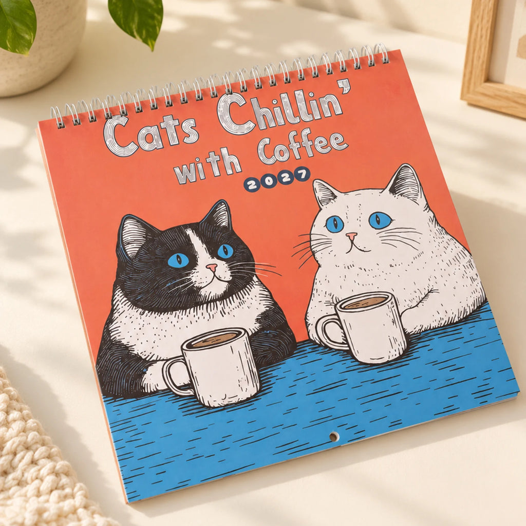 0146 Cats Chillin' With Coffee 2027 Calendar - 4 Styles Funny 21cm Wall Calendar | Cats Chillin' With Books 2027