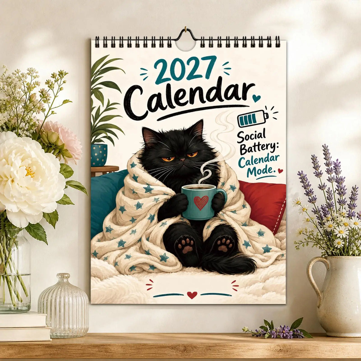 0147 2027 Calendar - Social Battery: Calendar Mode - Funny Black Cat Coffee Wall Calendar A4 210x290mm