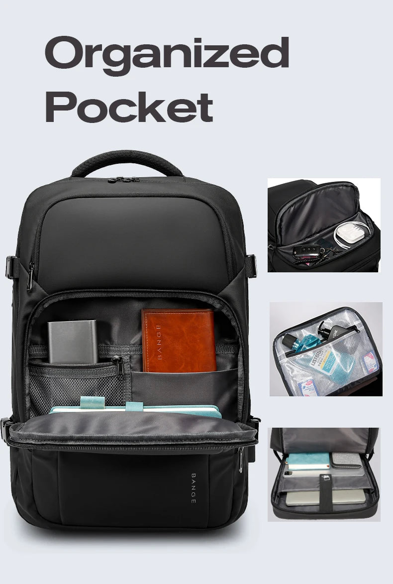 0010 BANGE Travel Backpack – Waterproof 15.6 Inch Laptop Bag with USB Charging, Large Capacity for Men