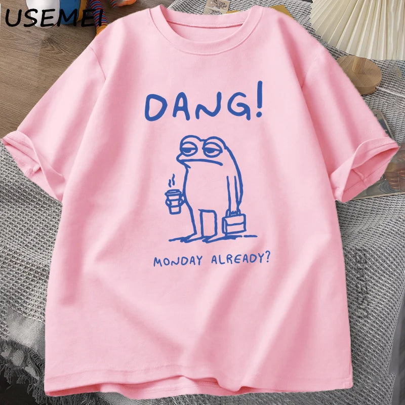 0076 Dang Monday Already Frog T‑Shirt – Funny Cottagecore Men’s Cotton Short Sleeve Tee