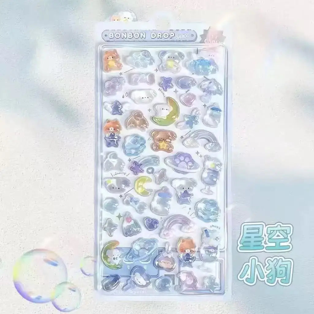 0119 Kawaii 3D Jelly Resin Stickers – Cute Cartoon Sparkle Transparent Decals for Scrapbooking, Phone Case, Laptop & DIY Decoration
