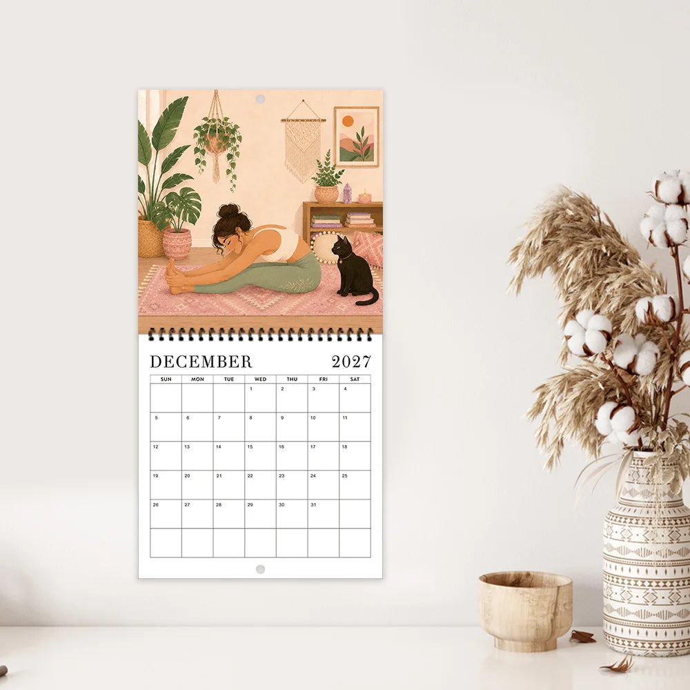 0152 2027 Boho Yoga Days Calendar - Boho Yoga Wall Calendar 21cm With Black Cat | 12 Months Yoga Poses + Free Stickers