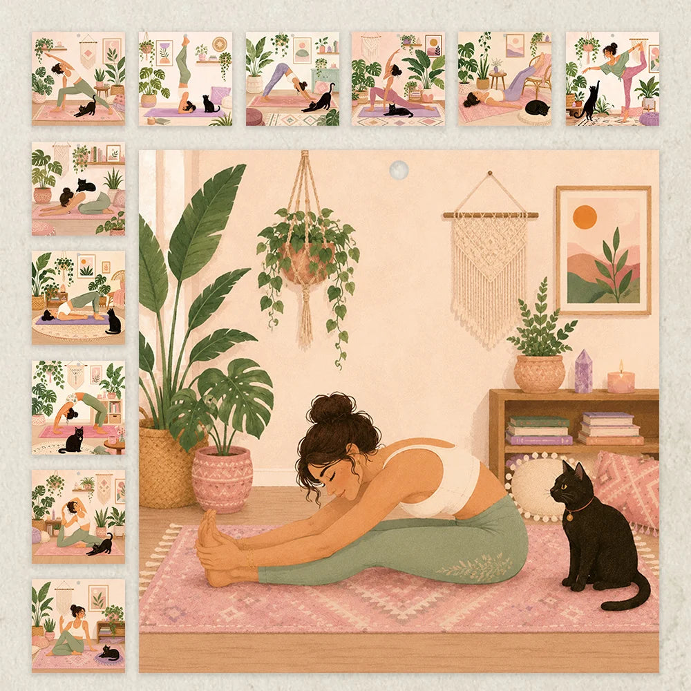 0152 2027 Boho Yoga Days Calendar - Boho Yoga Wall Calendar 21cm With Black Cat | 12 Months Yoga Poses + Free Stickers