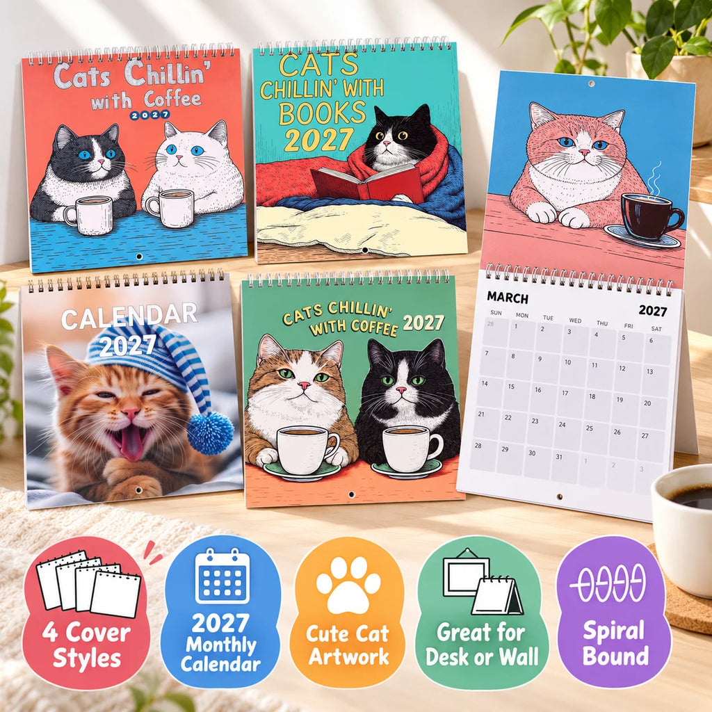 0146 Cats Chillin' With Coffee 2027 Calendar - 4 Styles Funny 21cm Wall Calendar | Cats Chillin' With Books 2027