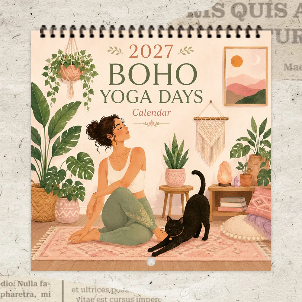 0152 2027 Boho Yoga Days Calendar - Boho Yoga Wall Calendar 21cm With Black Cat | 12 Months Yoga Poses + Free Stickers