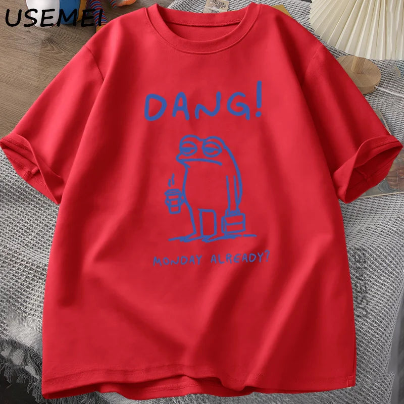 0076 Dang Monday Already Frog T‑Shirt – Funny Cottagecore Men’s Cotton Short Sleeve Tee