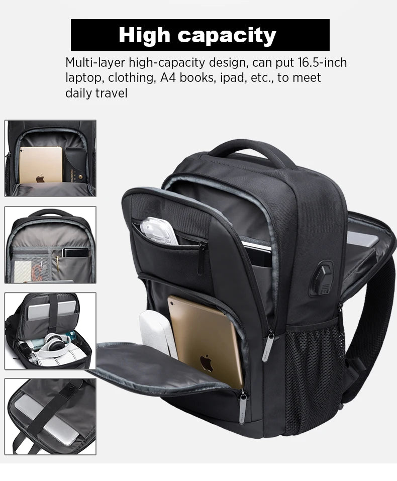 0055 BANGE Waterproof Backpack – 15.6 Inch Laptop Bag with USB Charging, Travel & School Rucksack for Men & Women