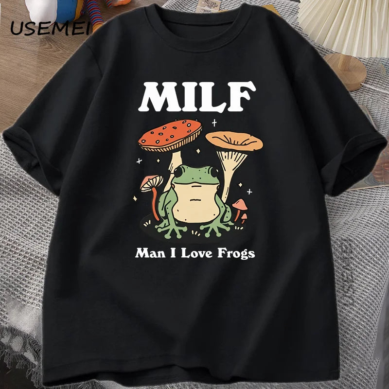 0073 Retro Frog T‑Shirt – Funny Cottagecore MILF Froggy Graphic Tee for Men, Casual Streetwear