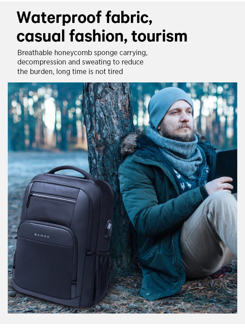 0055 BANGE Waterproof Backpack – 15.6 Inch Laptop Bag with USB Charging, Travel & School Rucksack for Men & Women