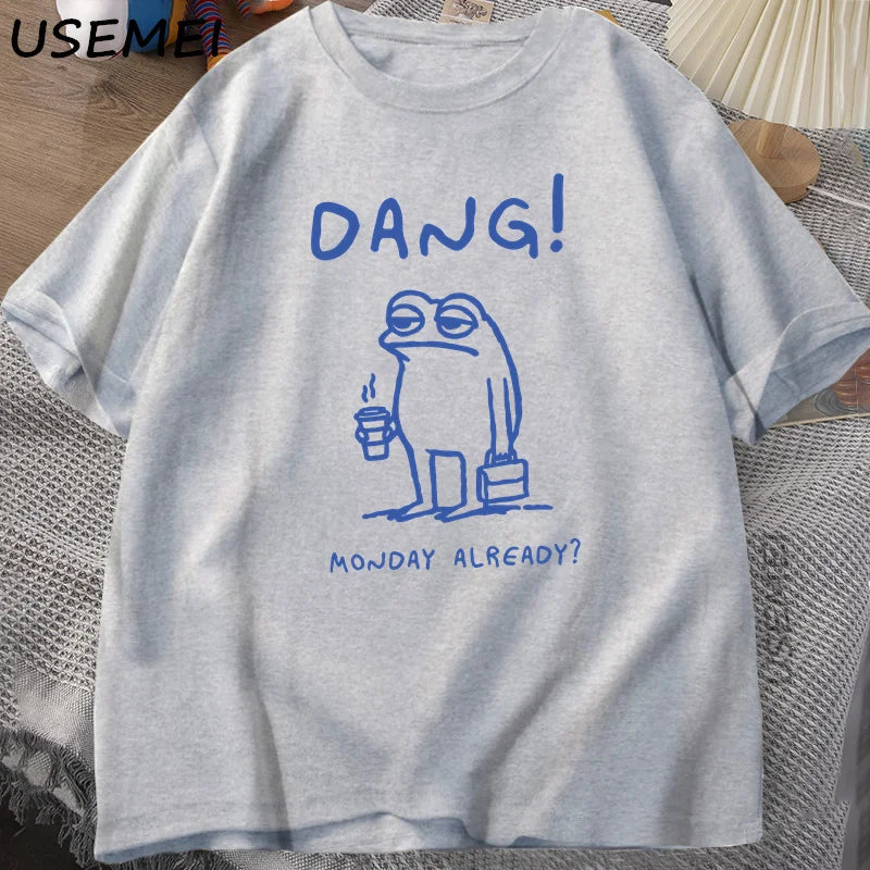 0076 Dang Monday Already Frog T‑Shirt – Funny Cottagecore Men’s Cotton Short Sleeve Tee