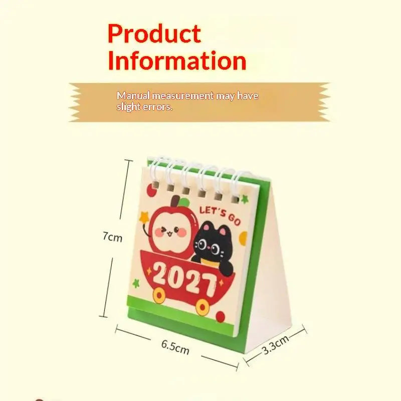 0155 2027 Mini Desk Calendar - Cute Black Cat & Apple Palm Size 7cm Desktop Calendar | 2027 Kawaii Mini Calendar