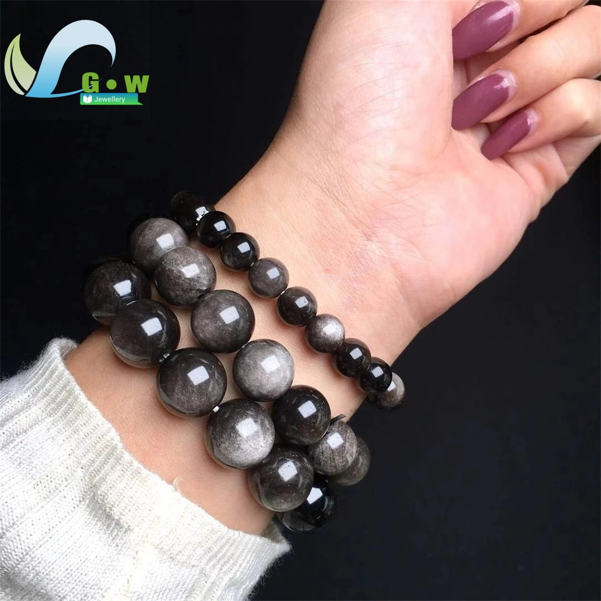 0099 Natural Silver Obsidian Bracelet – Men’s & Women’s Double Cat Eye Gold Obsidian Lucky Amulet
