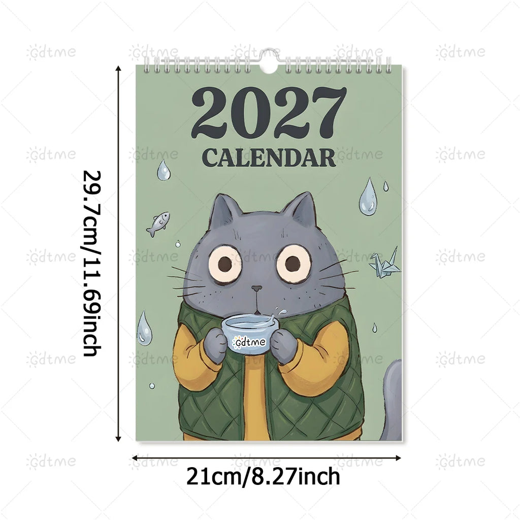 0149 2027 Calendar Cute Cat - Coffee Cat Wall Calendar 21x29.7cm A4 Pearlescent Cover | 12 Months Cute Cats With Coffee Cups