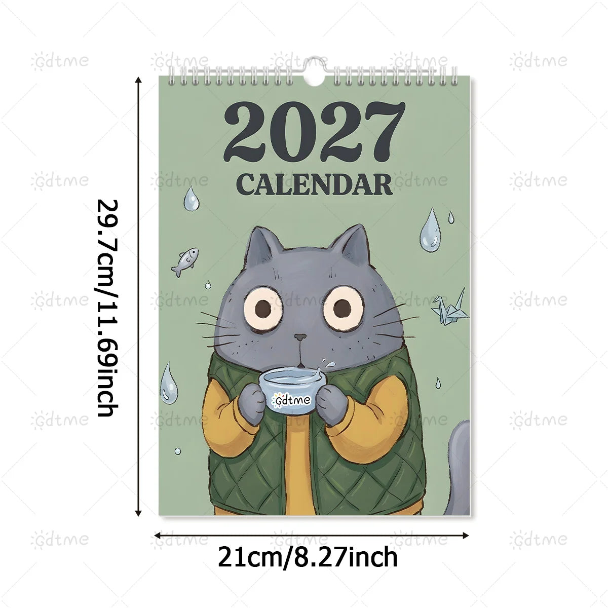 0149 2027 Calendar Cute Cat - Coffee Cat Wall Calendar 21x29.7cm A4 Pearlescent Cover | 12 Months Cute Cats With Coffee Cups