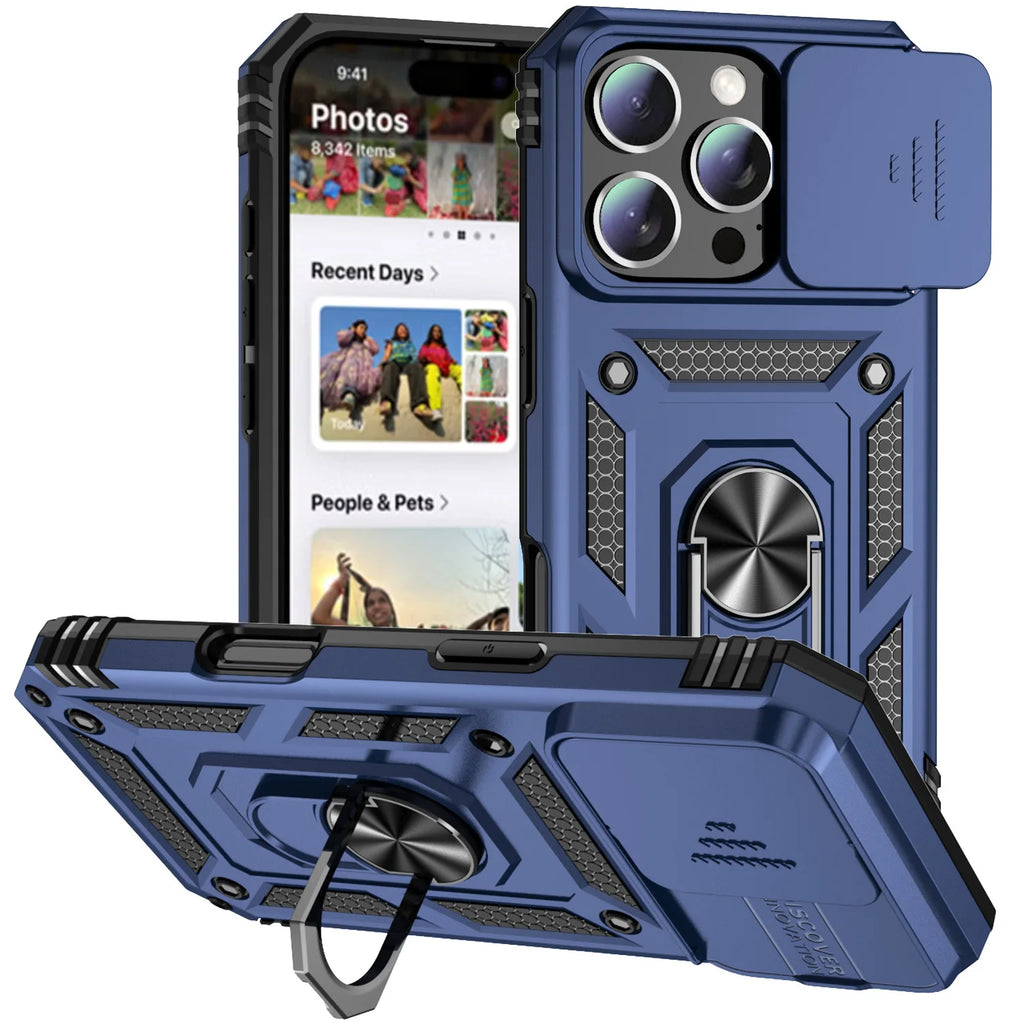0068 Ring Stand Armor Case – Military Grade Rotating Camera Lens Cover for iPhone 17/16 Pro Max
