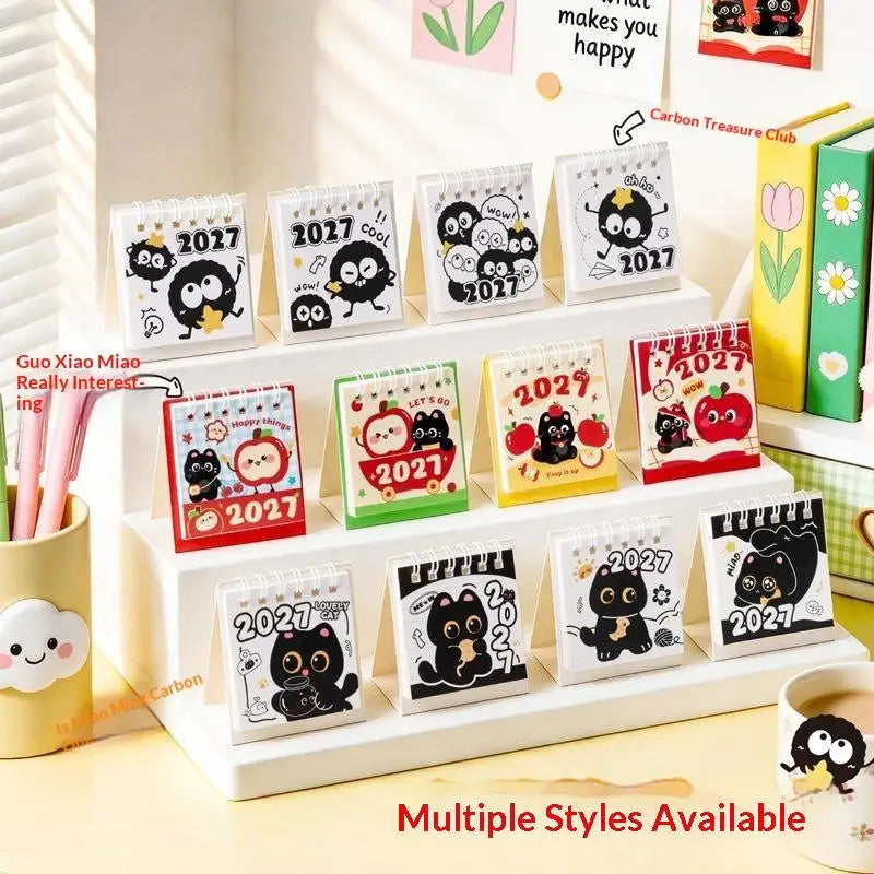0155 2027 Mini Desk Calendar - Cute Black Cat & Apple Palm Size 7cm Desktop Calendar | 2027 Kawaii Mini Calendar