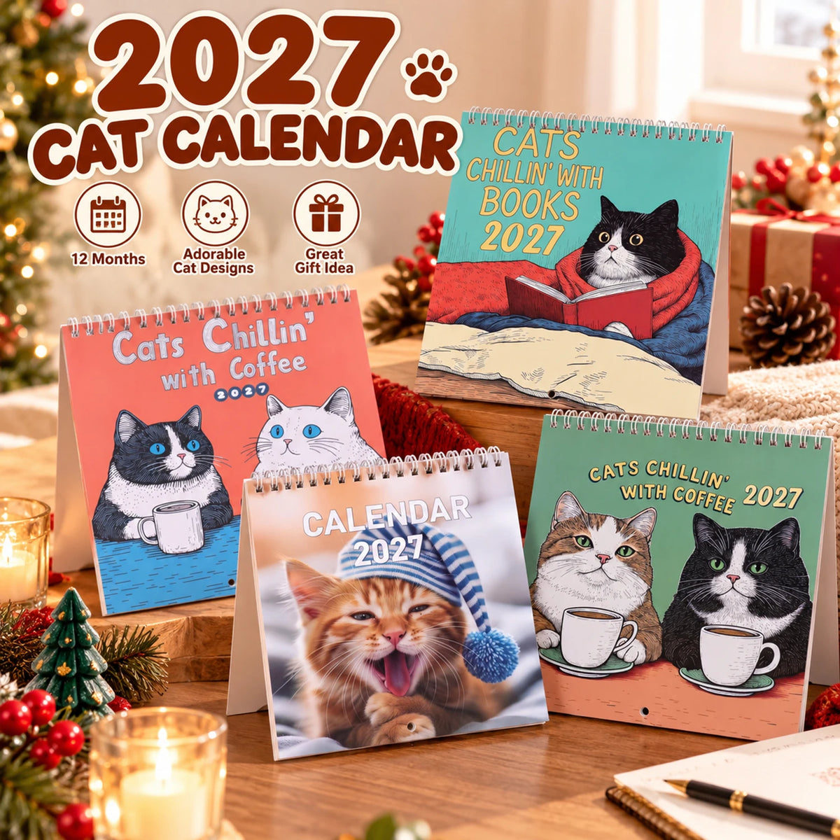 0146 Cats Chillin' With Coffee 2027 Calendar - 4 Styles Funny 21cm Wall Calendar | Cats Chillin' With Books 2027