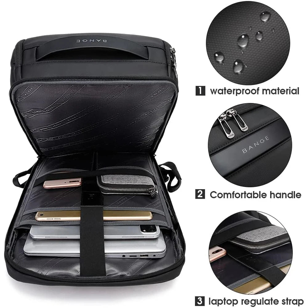 0037 BANGE Business Backpack – Waterproof 15.6 Inch Laptop Bag, Multifunctional Large Capacity Rucksack for Men