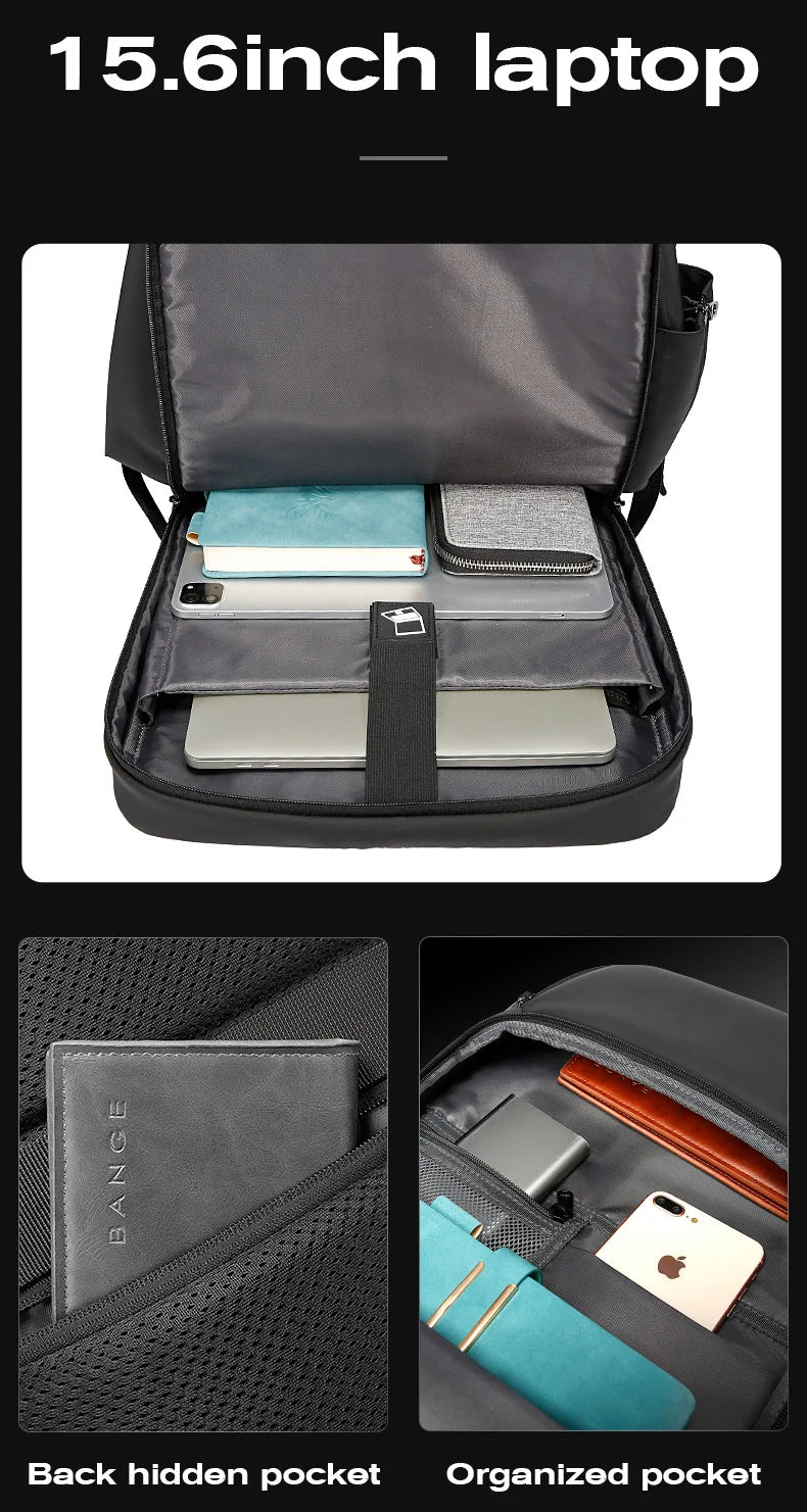 0010 BANGE Travel Backpack – Waterproof 15.6 Inch Laptop Bag with USB Charging, Large Capacity for Men