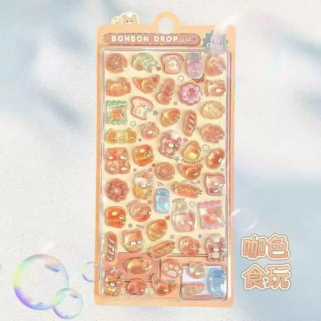 0119 Kawaii 3D Jelly Resin Stickers – Cute Cartoon Sparkle Transparent Decals for Scrapbooking, Phone Case, Laptop & DIY Decoration