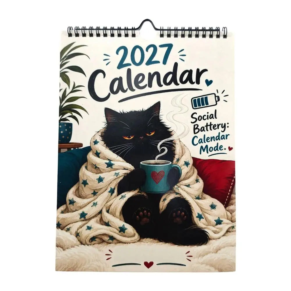 0147 2027 Calendar - Social Battery: Calendar Mode - Funny Black Cat Coffee Wall Calendar A4 210x290mm
