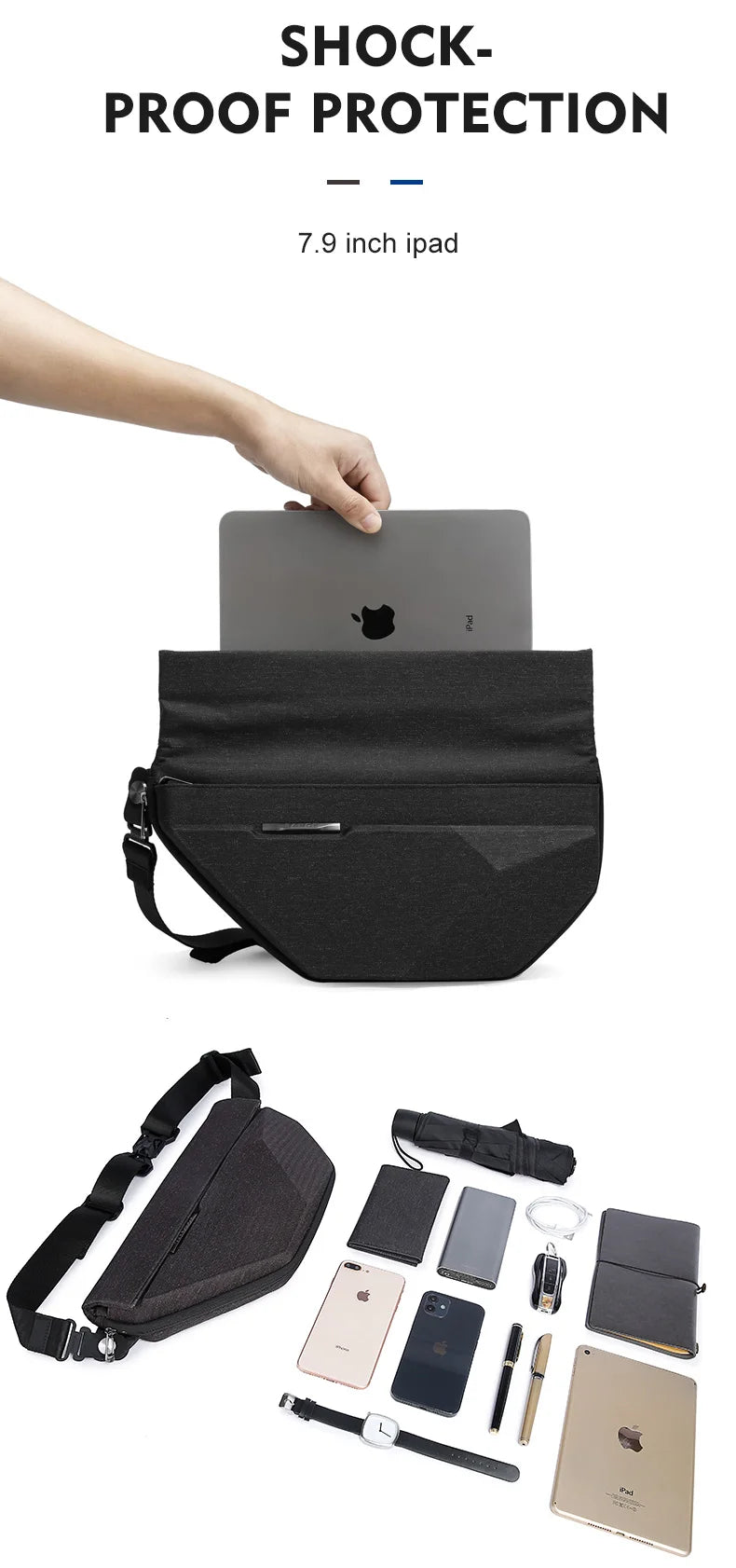 0029 BANGE Waterproof Sling Bag – Men’s Chest Pack with USB Charging, Fits iPad Mini
