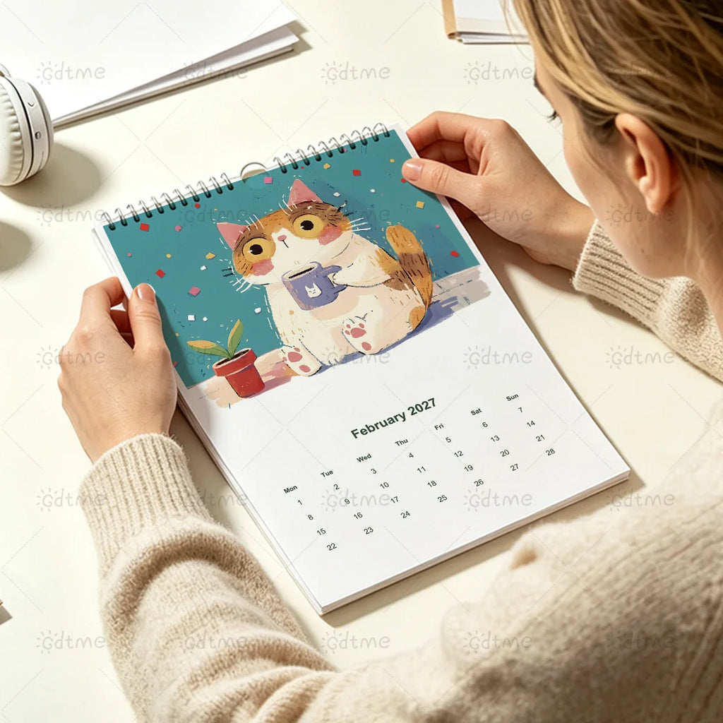 0149 2027 Calendar Cute Cat - Coffee Cat Wall Calendar 21x29.7cm A4 Pearlescent Cover | 12 Months Cute Cats With Coffee Cups