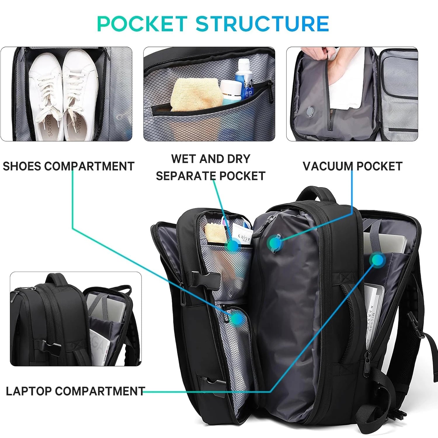 BANGE Expandable Travel Backpack – 17" Laptop, Vacuum Compression, Waterproof