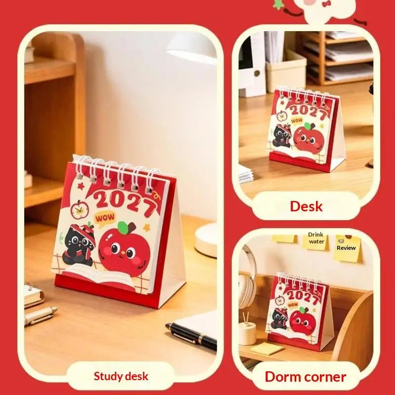 0155 2027 Mini Desk Calendar - Cute Black Cat & Apple Palm Size 7cm Desktop Calendar | 2027 Kawaii Mini Calendar