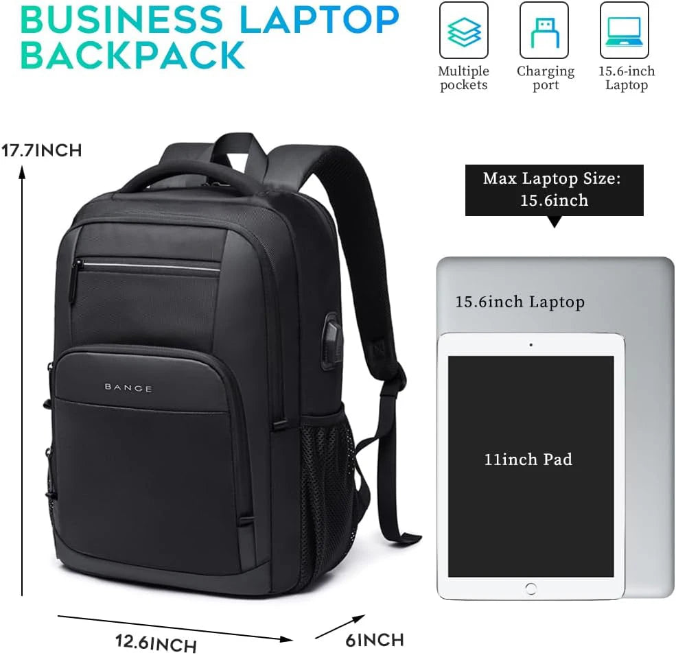 0055 BANGE Waterproof Backpack – 15.6 Inch Laptop Bag with USB Charging, Travel & School Rucksack for Men & Women