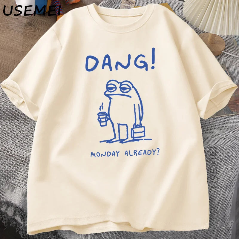0076 Dang Monday Already Frog T‑Shirt – Funny Cottagecore Men’s Cotton Short Sleeve Tee