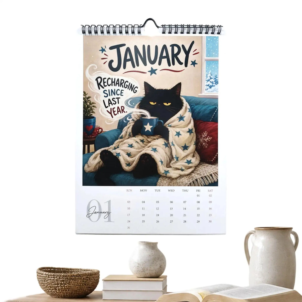 0147 2027 Calendar - Social Battery: Calendar Mode - Funny Black Cat Coffee Wall Calendar A4 210x290mm