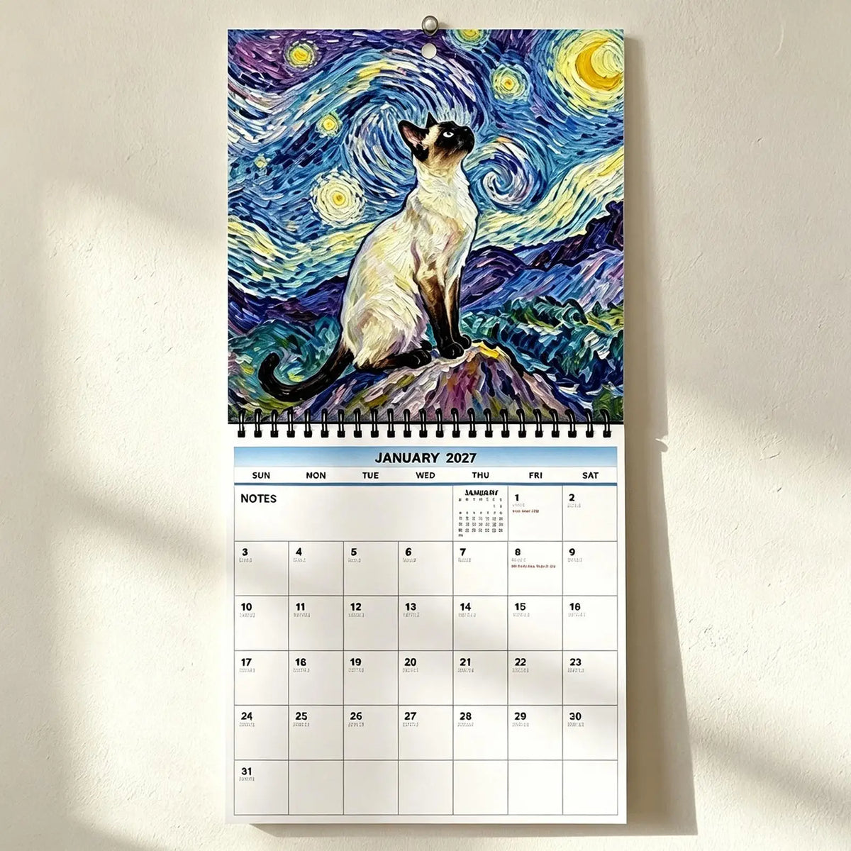 0144 Famous Painting Cat Calendar 2027 - Van Gogh Starry Night Cat Wall Calendar 21x21cm | 12 Months Art Cats