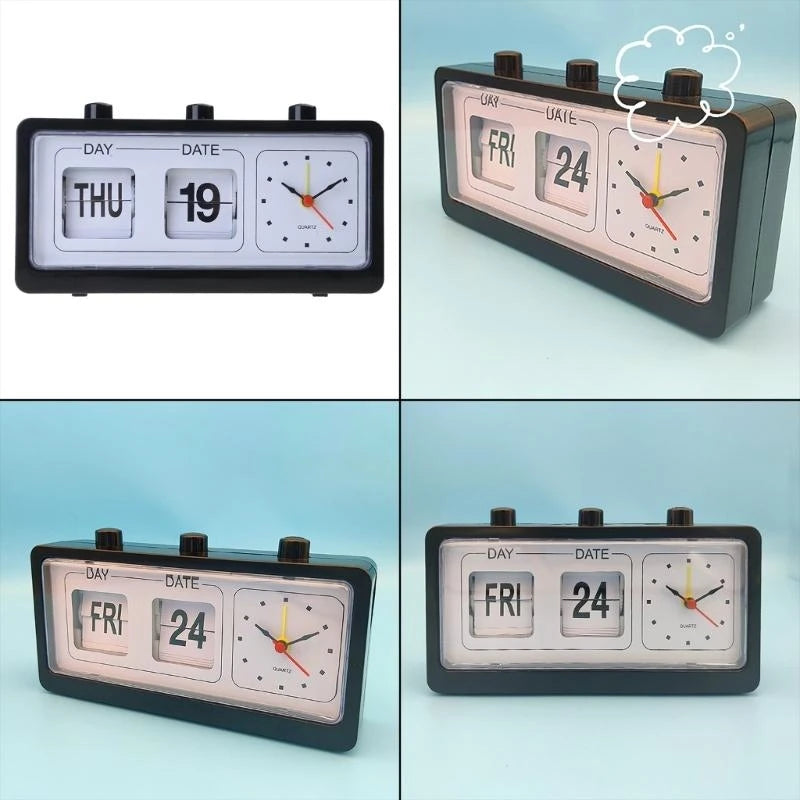 0159 Retro Flip Clock Calendar - Vintage Day Date Flip Desk Clock with Quartz Clock 20cm | 3-in-1 Manual Flip Calendar Clock