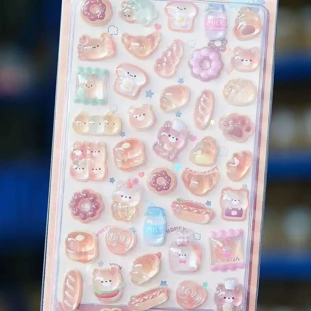 0119 Kawaii 3D Jelly Resin Stickers – Cute Cartoon Sparkle Transparent Decals for Scrapbooking, Phone Case, Laptop & DIY Decoration