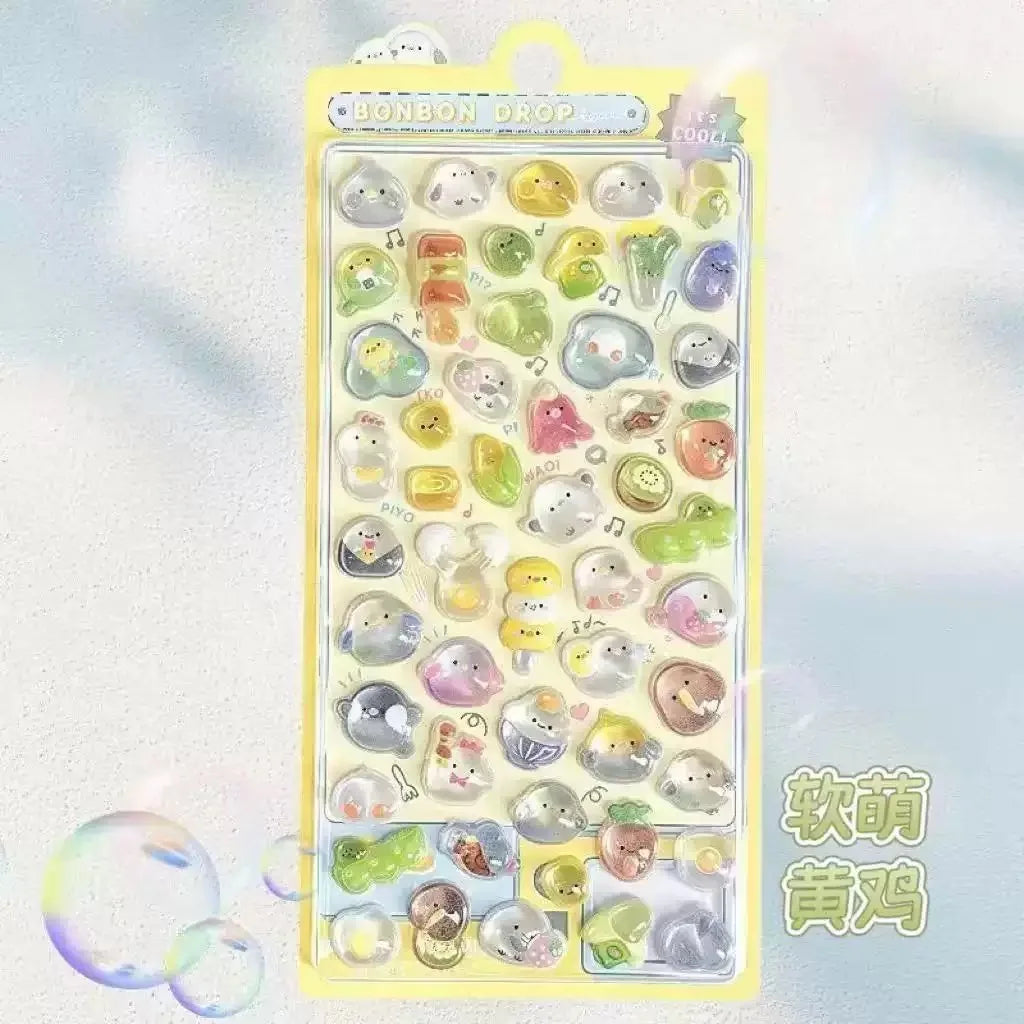 0119 Kawaii 3D Jelly Resin Stickers – Cute Cartoon Sparkle Transparent Decals for Scrapbooking, Phone Case, Laptop & DIY Decoration