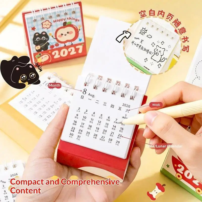 0155 2027 Mini Desk Calendar - Cute Black Cat & Apple Palm Size 7cm Desktop Calendar | 2027 Kawaii Mini Calendar