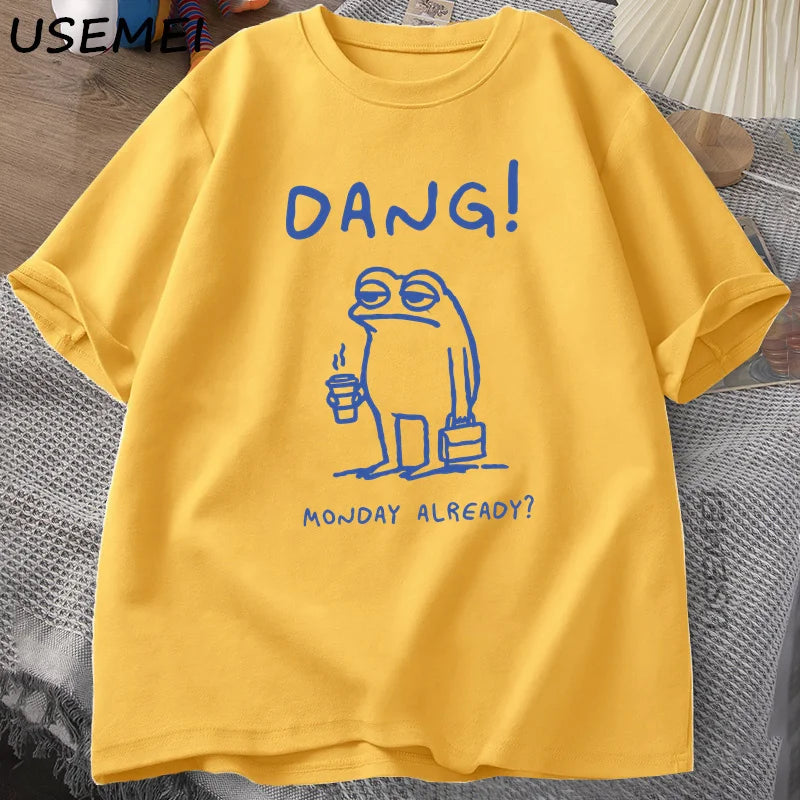 0076 Dang Monday Already Frog T‑Shirt – Funny Cottagecore Men’s Cotton Short Sleeve Tee